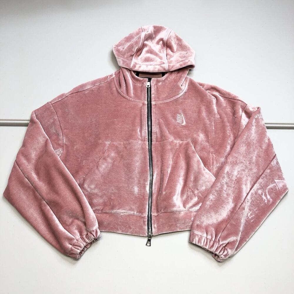 Nike Lab Essential Size Small Pink Velour Cropped Full Zip Hooded Jacket
